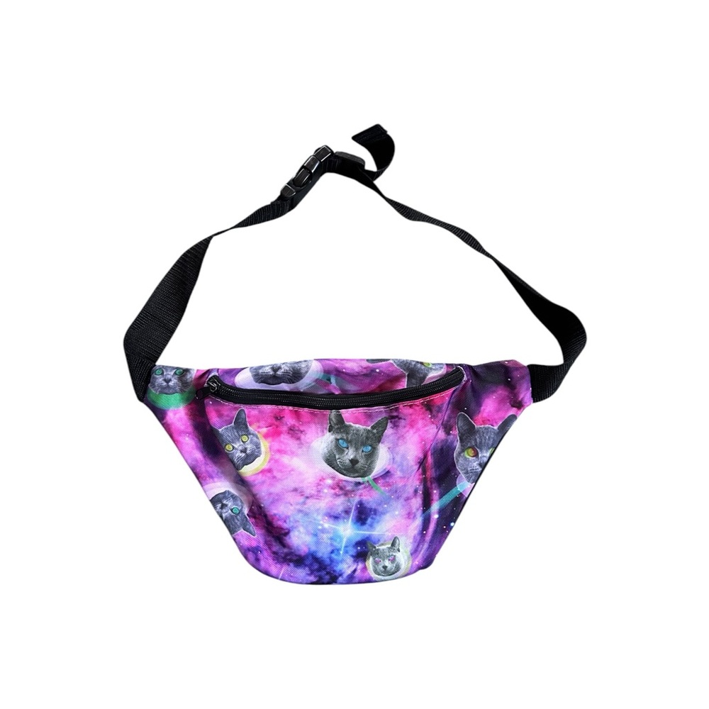 Psychedelic Galaxy Space Cat Novelty Print Fanny Pack Belt Bag Festival Rave